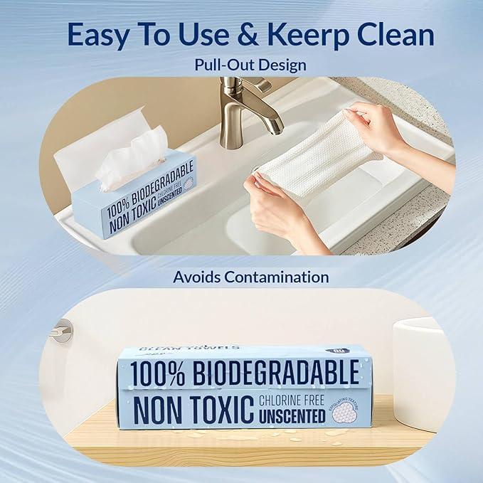 Clean XL Disposable Face Towels 11.8"×7.8", 100% Biobased Biodegradable Viscose, Ultra Soft & Hygienic Facial Towelettes for Makeup Removal and Skincare, Safe for All Skin Types, 180 Count, 3 Packs