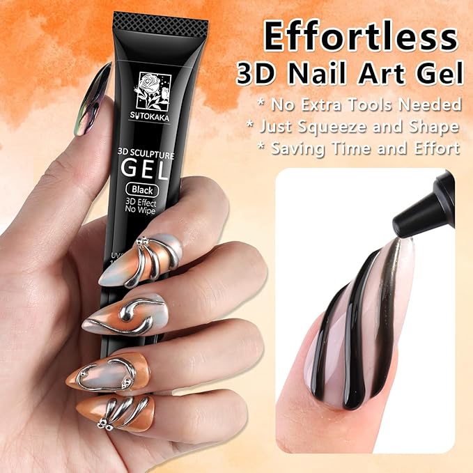 SUTOKAKA 3D Gel Nail Art & Chrome Nail Powder Kit, 15g Black Sculpting Gel No Wipe Molding Gels with Gold Silver Metallic Mirror Effect Chrome Powder Manicure Decoration DIY Salon Home Use