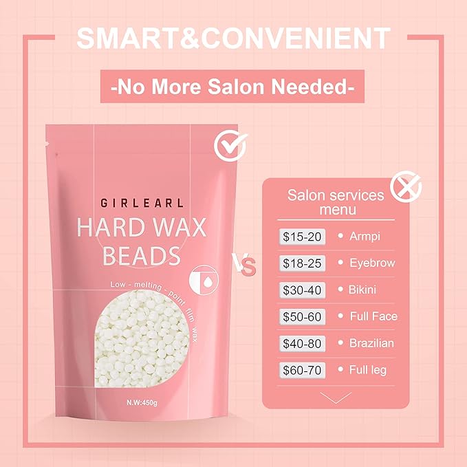 GIRLEARLE 1lb Wax Beads for Hair Removal - Unscented Hard Wax Beads Refill for Professional Full Body Waxing - Ideal for Facial, Brazilian Bikini, Legs, and Underarms at Home for Women and Men (White)