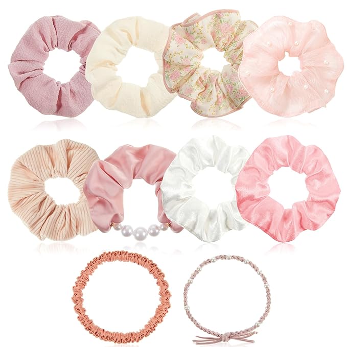 Canlierr 10 Pcs Pink Hair Scrunchies for Women Pink Silk Hairs Ties Bulk Big Satin Scrunchies Flower Hairs Ties Bulk White Cotton Elastic Hair Accessories Valentines Gifts for Women
