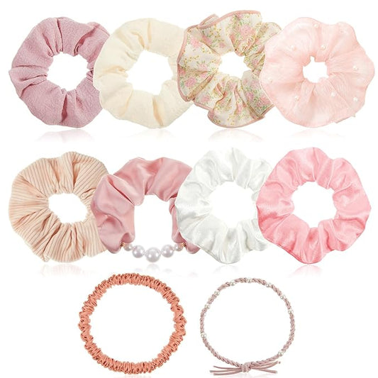 Canlierr 10 Pcs Pink Hair Scrunchies for Women Pink Silk Hairs Ties Bulk Big Satin Scrunchies Flower Hairs Ties Bulk White Cotton Elastic Hair Accessories Valentines Gifts for Women
