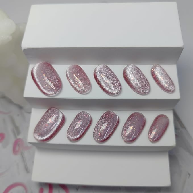 Cat Eye Press on Nails Handmade Short Oval/Square/Round False Nails with French Tip/Aurora/Magnetic Shimmer Designs (Side#Candy Wrapper M)