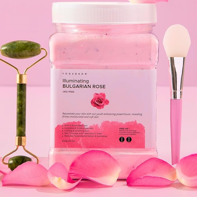 Jelly Face Mask for Facials - Bulgarian Rose Hydrating, Brightening & Nourishing Jelly Mask with Free Jade Roller & Spatula | Professional Hydrojelly Masks | Vajacial Jelly Mask Powder | 23 Oz Jar