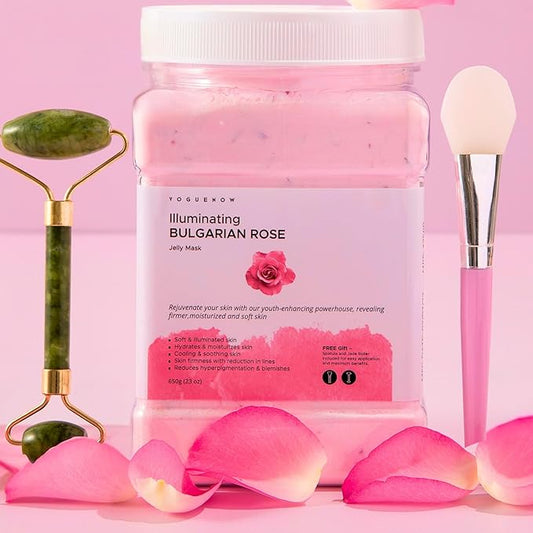 Jelly Face Mask for Facials - Bulgarian Rose Hydrating, Brightening & Nourishing Jelly Mask with Free Jade Roller & Spatula | Professional Hydrojelly Masks | Vajacial Jelly Mask Powder | 23 Oz Jar