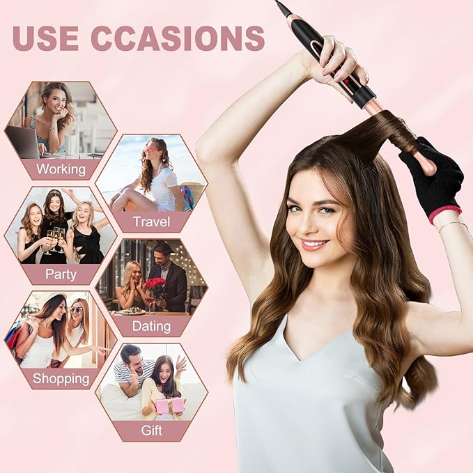5 in 1 Curling Wand Set, Curling Iron with Curling Brush,Hair Straightener & 3 Interchangeable Ceramic Curling Wand(0.35"-1"), Fast Heat Hair Wand Curler, Include Glove & 2 Clips for Women Girls Gift