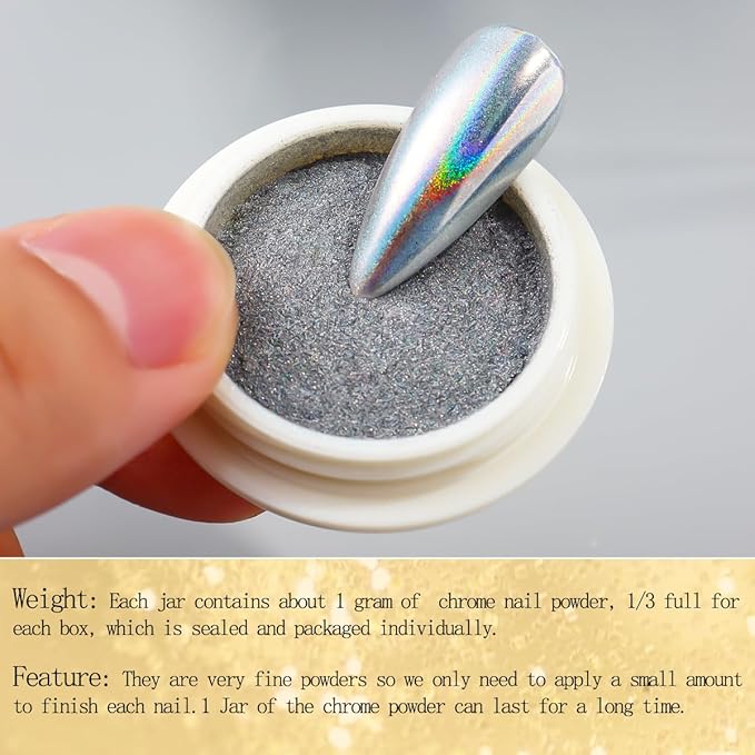 6 Colors Chrome Nail Powder,Gold Silver Super Metallic Effect Chrome Powder for Nails,Holographic Mirror Glitter White Pearl Pigment Dust Kit for Gel Polish Nail Art Decoration Manicure Nail Supplies
