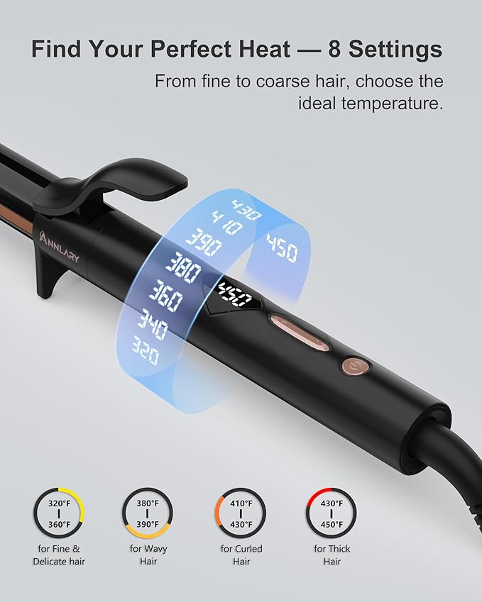 ANNLARY 1 Inch Curling Iron, Titanium Ceramic Hair Curler, Fast Heating Curling Wand with 8 Heat Settings with LED Display for All Hair Types Dual Voltage 110-240V for Travel