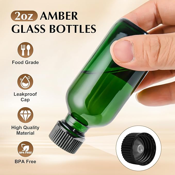 Exlvanto Small Glass Bottles with Lids Boston Round Shot Bottles for Health, Immunity, Ginger Juice, Essential Oils, Potion - Leak Proof Mini Travel Containers (Green UV, 2oz-48Pack)