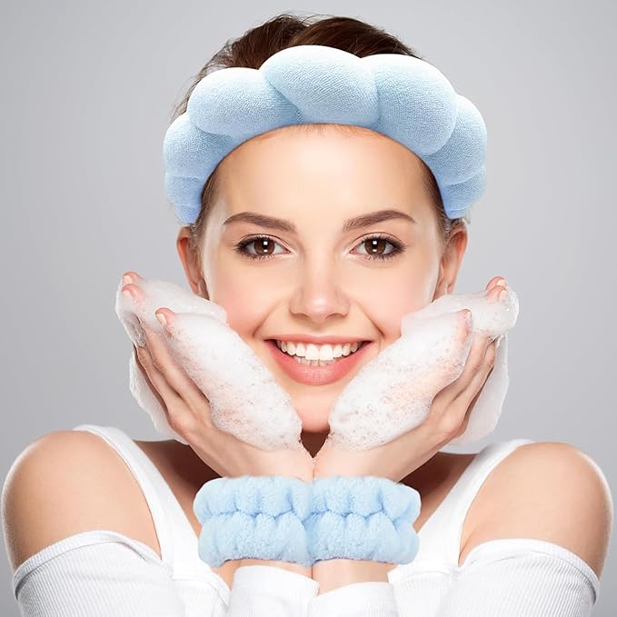 Spa Headband for Washing Face Wristband Set Sponge Makeup Skin Care Terry Cloth Bubble Soft Get Ready Hairband Women Girls Puffy Padded Headwear Non Slip Thick Hair Accessory (Blue Pink)