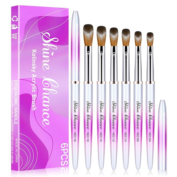 Shine Chance 6 Pcs Acrylic Nail Brushes Set, Kolinsky Nail Art Brushes, Art Design & Polish Mistake Cleaning Manicure Tools for Women - Acrylic Application (Size 4, 6, 10, 12, 14, 16)