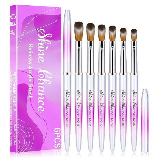 Shine Chance 6 Pcs Acrylic Nail Brushes Set, Kolinsky Nail Art Brushes, Art Design & Polish Mistake Cleaning Manicure Tools for Women - Acrylic Application (Size 4, 6, 10, 12, 14, 16)