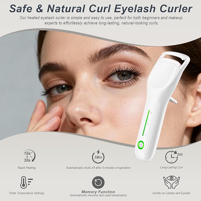 Lilonthy Heated Eyelash Curler, Type-C Rechargeable with 3 Temp Settings & Safe Silicone Pad for Natural Curls, Travel-Friendly (White)