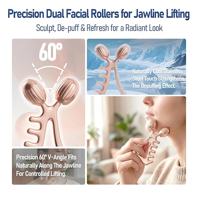 Gua Sha Facial Tools & Face Roller Set, Stainless Steel Facial Massager Tools for Lymphatic Drainage & Face Sculpting, Textured Guasha for Better Grip, Double Chin Reducer, Skincare Gift(RoseGold)