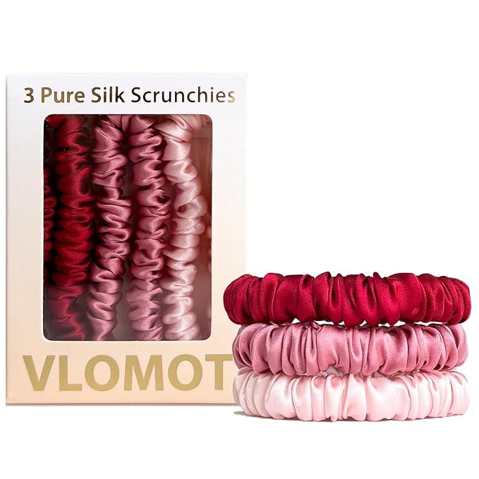 VLOMOT 3 Pcs Set 100% Pure Mulberry Silk Hair Scrunchies Hair Ties with 3 Chic Colors Everyday Skinny Scrunchies Silk Ponytail Holders Hair Care No Damage (Red)