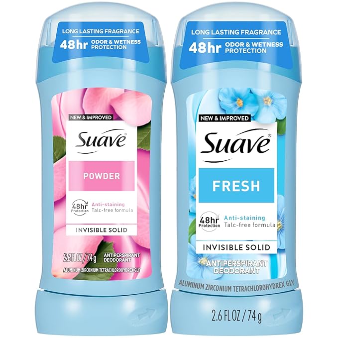 Suave Antiperspirant Deodorant for Women, Fresh & Powder Variety 2-Pack – Anti-Staining Invisible Solid Sticks, Talc-Free, 2.6 Oz Ea