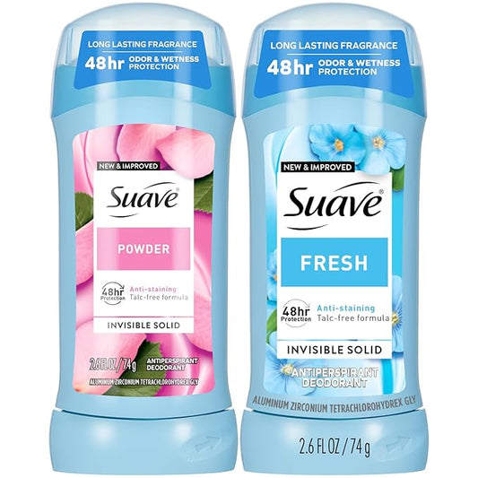 Suave Antiperspirant Deodorant for Women, Fresh & Powder Variety 2-Pack – Anti-Staining Invisible Solid Sticks, Talc-Free, 2.6 Oz Ea