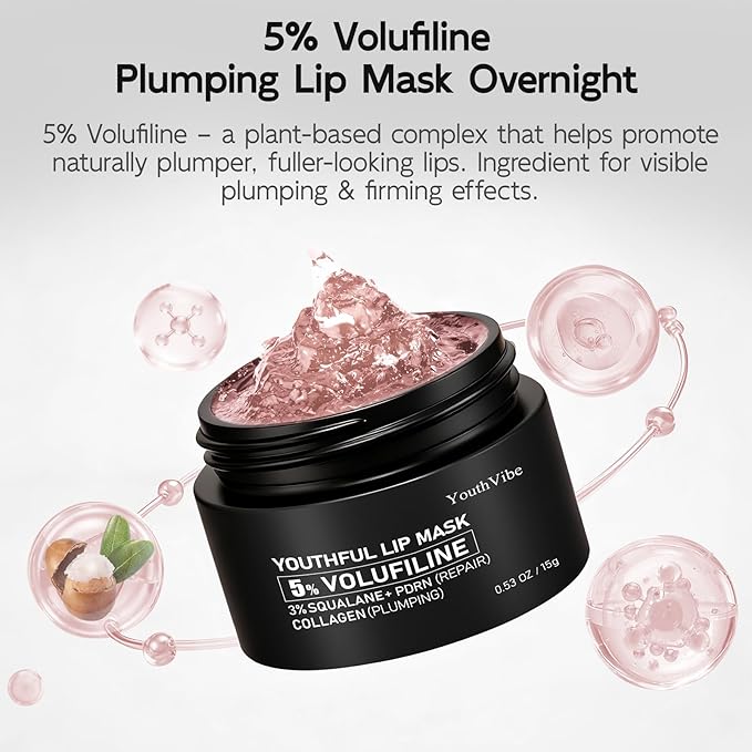 YouthVibe Lip Sleeping Mask Overnight Moisturizing – 5% Volufiline, Squalane, Shea Butter, PDRN & Collagen Hydrating Lip Mask Treatment for Lip Care, Dry & Flaky Lips