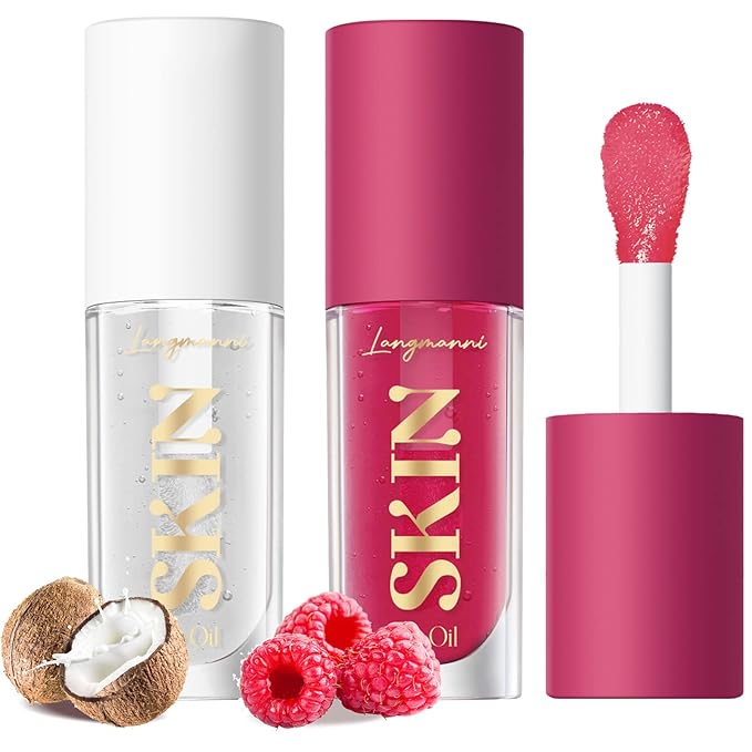 LANGMANNI Moisturizing Lip Oil,No-Sticky Lip Gloss Lip Balm Lip Care,Fruit Flavoured Lip Oil For Dry Lip's Moisturizing Hydrating And Nourishing ((Raspberry+Coco))