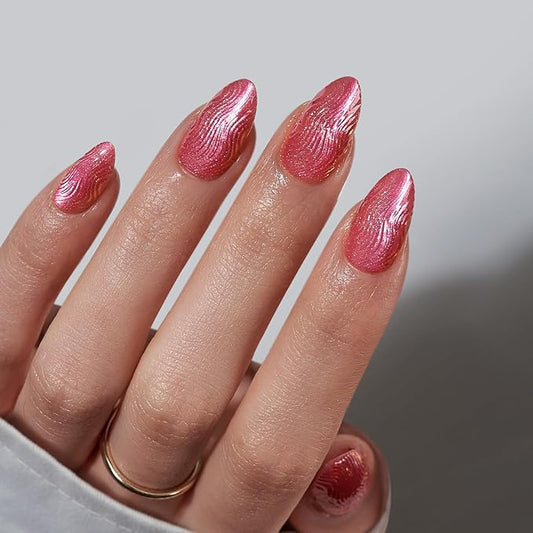 BTArtbox Press On Nails Short - 3D Sculpting Red Cat Eye Almond Press On Nails with Glue for Women, Opaque Soft Gel Glue On Nails in 16 Sizes - 32 Stick On Nails Kit, Crystal Wave