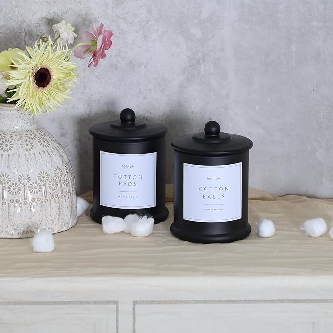 Ronasip Qtip Holder & Cotton Pad Dispenser, Bathroom Organizer and Storage Canisters, 16oz Glass Apothecary Jars for Kitchen, Restroom - Home Decor Accessories, Room Decor Aesthetic (2 Pack, Black)