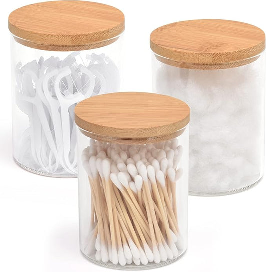 BKYFPQ 3 Pack Glass Qtip Holder Dispenser Set - Apothecary Jars with Lids for Vanity Makeup Organizer - Bathroom Canister Storage Organizer for Cotton Ball,Swab,Round Pads,Floss