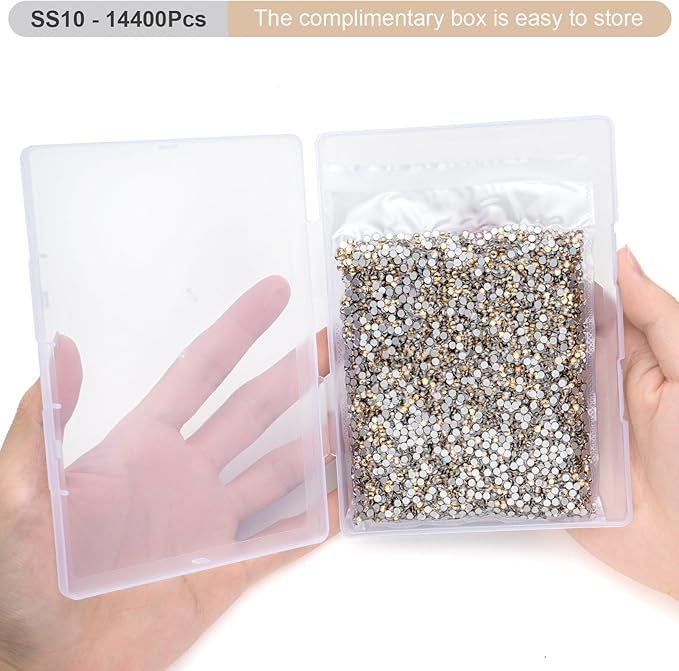 MEIBITE Flatback Rhinestones Bulk, 14400PCS Gold Shadow Rhinestones for Clothes DIY Decoration Crafts, Gold Shadow, SS10, 2.7-2.9mm