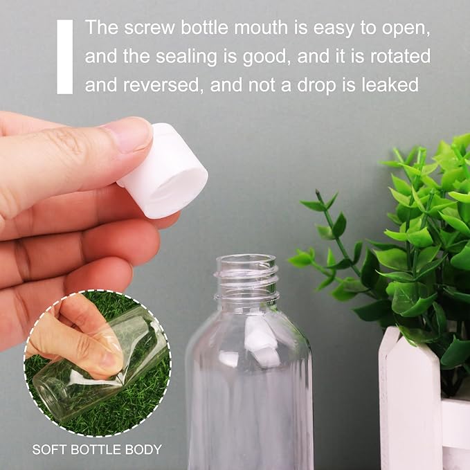 KUKLIPJIM 100 Pack 2 oz Plastic Bottles with Caps, Clear Empty Bottles, flip top Bottles for Lotion and Shampoo, Travel-Friendly Bottles, BPA-Free for Liquids and Personal Care
