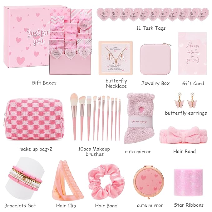Christmas Gifts for Tween & Teen Girls, 11PCS Birthday Gifts Basket Teen Girls Trendy Stuff with Empowering Tasks Make up Brushes & Bag, Beauty Advent Calendar Wrapped Gifts Box