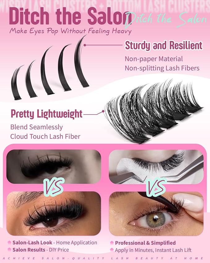 Spikes Eyelash Clusters Volume Lash Clusters Kit DIY Salon-Grade Lash Extensions Spiky Individual Lashes Extension Kit 12-21mm Cluster Eyelash Extensions Kit Manga Lashes Clusters with Bond and Seal
