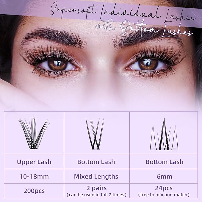 B&Qaugen Lash Clusters with Bottom Lashes 10-18mm 30D D Curl Individual Lashes Cluster Eyelash Clusters Wispy with 2 Styles Bottom Lash Extension DIY Lash Extensions at Home (30D-D-MIX10-18)