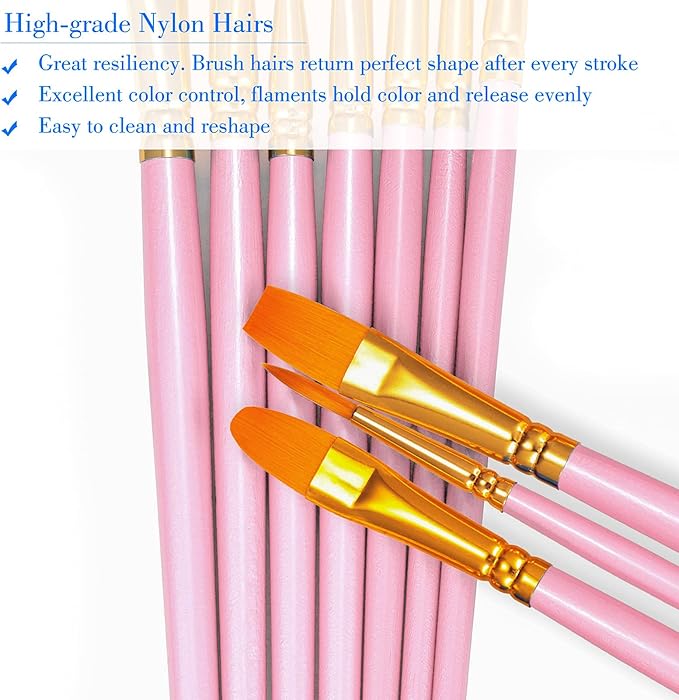 BOSOBO Paint Brushes Set, 2 Pack 20 Pcs Round Pointed Tip Nylon Hair Artist Acrylic Paint Brushes for Acrylic Oil Watercolor, Face Nail Art, Miniature Detailing & Rock Painting, Pink