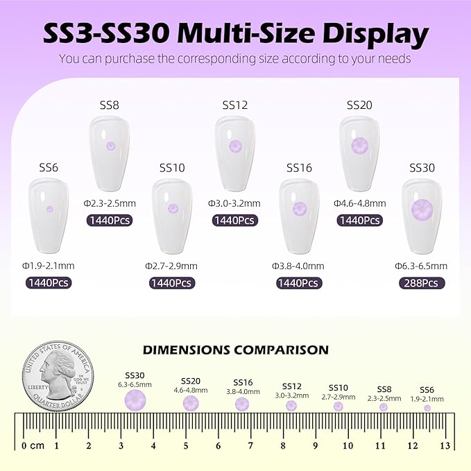 Meibite Mocha Lt.Purple Flatback Rhinestones, Glass Rhinestones for Nail Art and Craft, Glue Fix, Loose Crystal Gemstones(Mocha Lt.Purple, SS10, 1440pcs, 2.7-2.8mm)