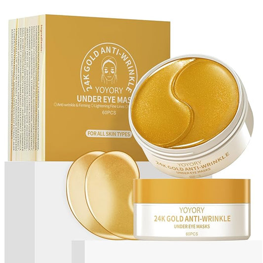 Under Eye Patches Masks - 24K Gold Eye Patch for Dark Circles & Puffy Eyesg,Fine Lines,Eye Bags, Wrinkle,Contains Caffeine and Collagen, Hydration for Women and Men, (60 Pcs) Gold