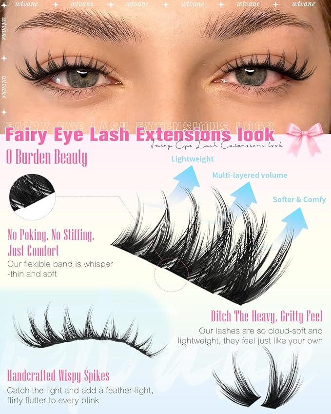 Wtvane Fairy Lash Clusters Wispy Eyelash Clusters Natural 10-16MM Lash Extensions 200Pcs Individual Lashes Clusters CD Curl Cluster Eyelash Extensions with Thin Lash Bnad DIY Manga Look at Home