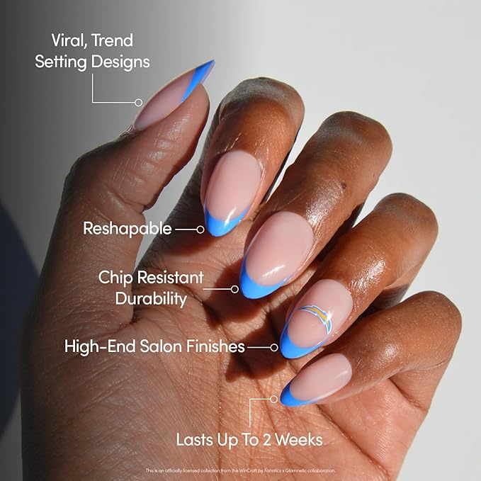 Glamnetic x Fanatics Press On Nails - Los Angeles Chargers | Short Almond Fake Nails, NFL Chargers Blue French Tips, Football Nails, Salon-Quality | 15 Sizes - 30 Nail Kit with Glue