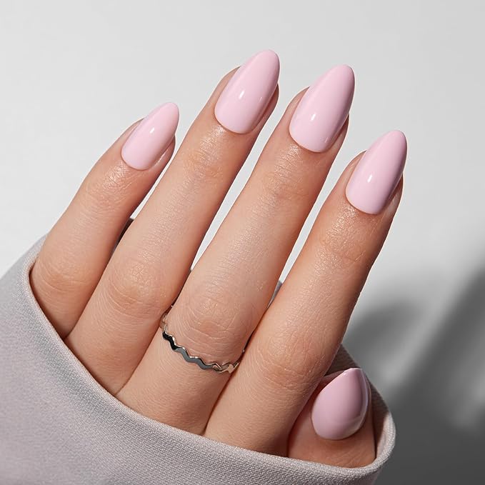 VSALON Press on Nails Short Almond - Pastel Baby Pink Fake Nails Kit for Women, Reusable Solid Opaque Soft Gel Glue on Nails with Glue, Protector Cuticle Oil - 32 PCS Stick on Nails in 16 Sizes