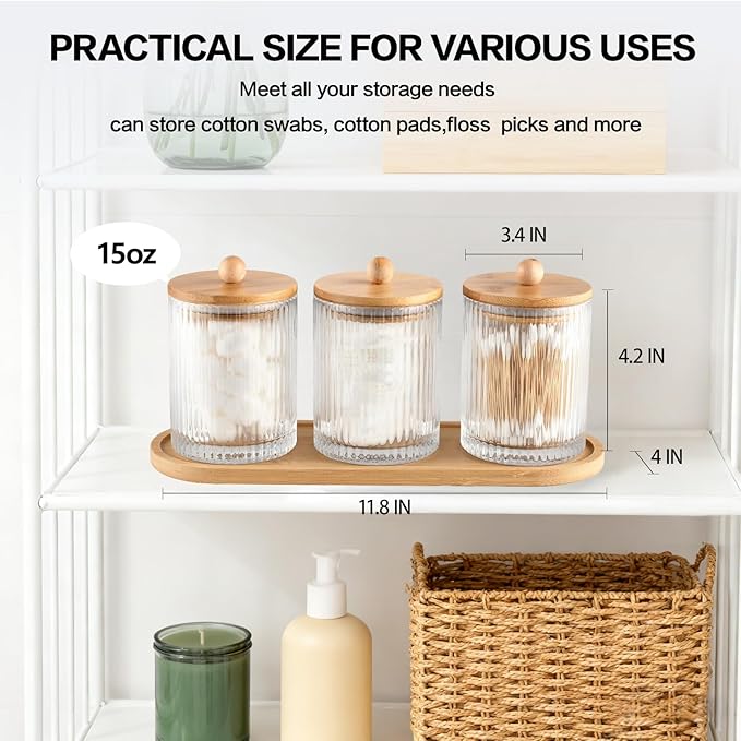 NEECZS 3 Pack Qtip Holder Bathroom Set,Cotton Pad Ball Swab Holder Cotton Round Floss Pick Dispenser with Tray,Glass Apothecary Jars with Lids,Bathroom Organizers and Storage Canisters