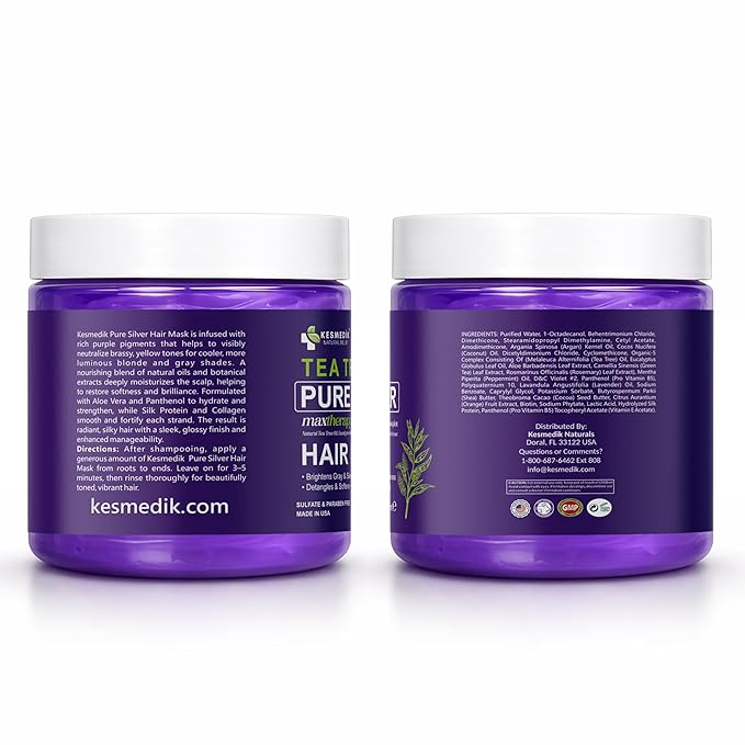 KESMEDIK Pure Silver Purple Hair Mask Toner with Tea Tree & Argan Oil, Deep Conditioner for Dry Damaged Bleached, Blonde White & Gray Hair, Relieves Itchy Scalp, Neutralizes Brassy & Yellow Tones | Hair Mask Toner, Deep Conditioner, Gray Hair Care, Blo...
