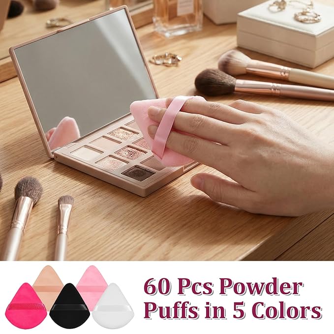 Oqqlin 100 Pcs Triangle Powder Puffs Bulk, Soft Velvet Powders Puff Muticolor Wet Dry Makeup Sponge for Loose Powder, Press Powders (5 Color)