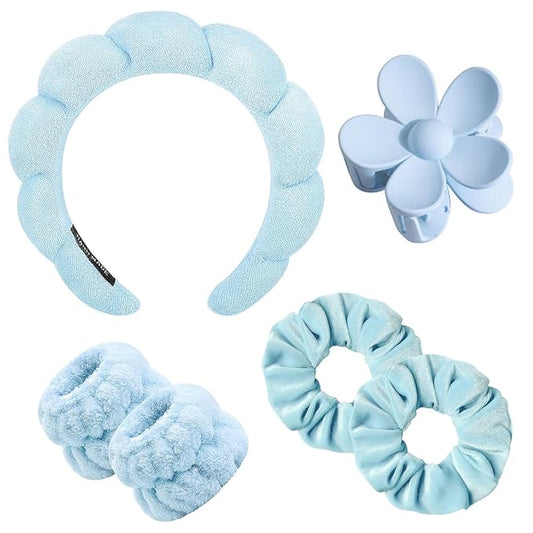 BluOcnMkt 6PCS Skincare Headband Set Blue Spa Makeup Headbands for Women, Large Flower Hair Clip, Velvet Hair Scrunchies
