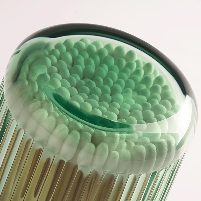 MKOSAB 2 Pack Qtip Holders for Bathroom, Clear Glass Apothecary Jars with Lids,Vintage Bathroom Canisters for Cotton Balls,Swabs,Floss Picks,Hair Ties,Vanity Organizer and Storage Decor (Green)