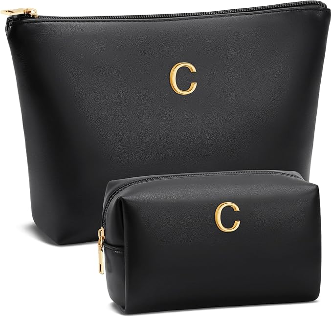 Women Gifts | Initial Makeup Bag Set for Girl Personalized Gifts for Bridesmaid Friend Graduation Teachers PU Leather Cosmetic Travel Toiletry Bag(Black,C)
