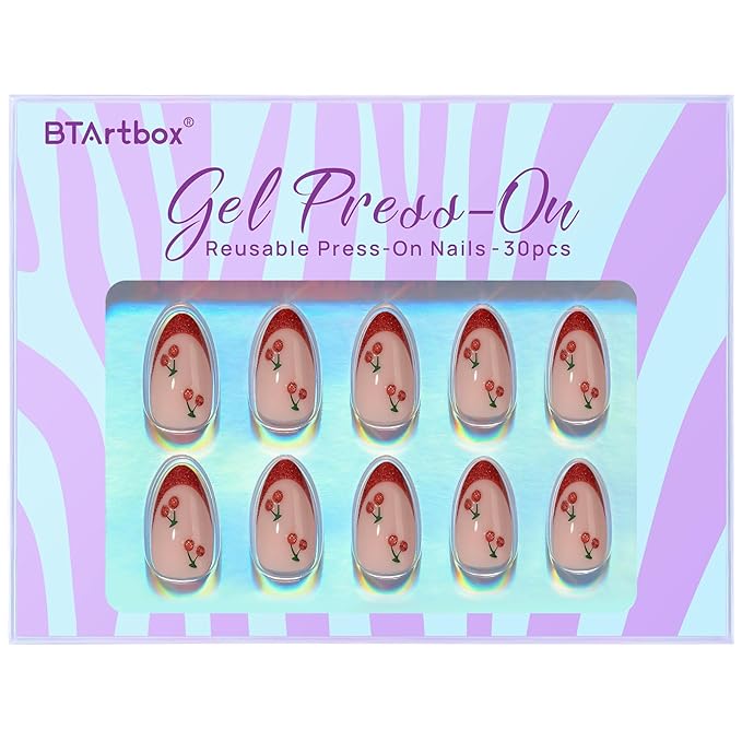 BTArtbox French Tip Press On Nails Almond - Red Press On Nails with Cherry Design, Short Almond Stick On Nails for Women, Soft Gel Fake Nails Kit in 16 Sizes for Valentines' Day Gift, Sweet Cherry