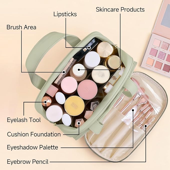 VISSUX Travel Makeup Bag, Large Capacity Waterproof Cosmetic Bag for Women, Opening Storage Toiletry Bag With Handle and Divider, Portable Makeup Organizer Bag for Travel & Daily Use (GREEN)