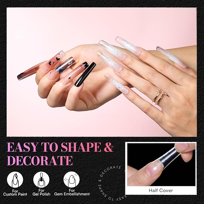 Makartt Half Cover Square Nail Tips: No C Curve Clear Acrylic XXL Extra Long Pre-shaped, Full Matte, 240 PCS, 12 Sizes, Fake Nails for Extensions Manicure Salon Home DIY