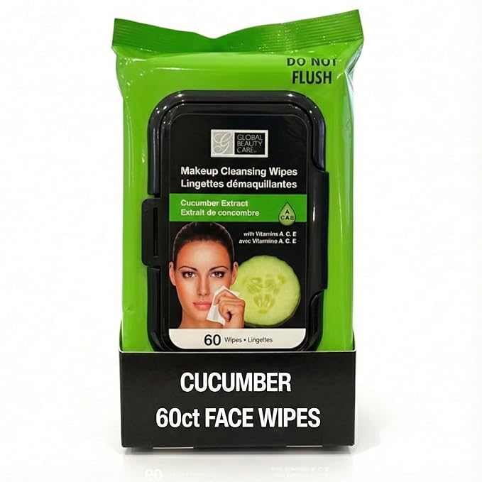Global Beauty Care Cucumber Makeup Remover Wipes - Gentle Daily Facial Cleansing Wipes for Sensitive Skin, Hydrating & Soothing, Removes Waterproof Makeup, Travel-Friendly, 60 Count (1-Pack)