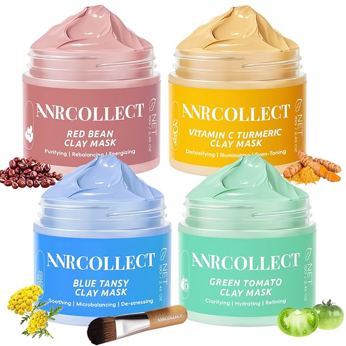 ANRCOLLECT 4Pcs Clay Mask Set, Kaolin Facial Spa Kit for Pore Cleansing & Glowing, Hydrating Mud Cream Wash-Off Mask for All Skin Types, Women and Men (70g*4+Brush), Teen Girl Gifts