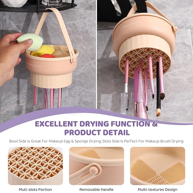 GOLIKEE 2 Pack Makeup Brush Cleaner Mat 3 in 1 Silicone Makeup Brush Cleaner Makeup Brush Cleaning Bowl Makeup Brush Sponge Scrubber Tool for Cleaning, Storage And Upside Down Drying(Two Khkai)