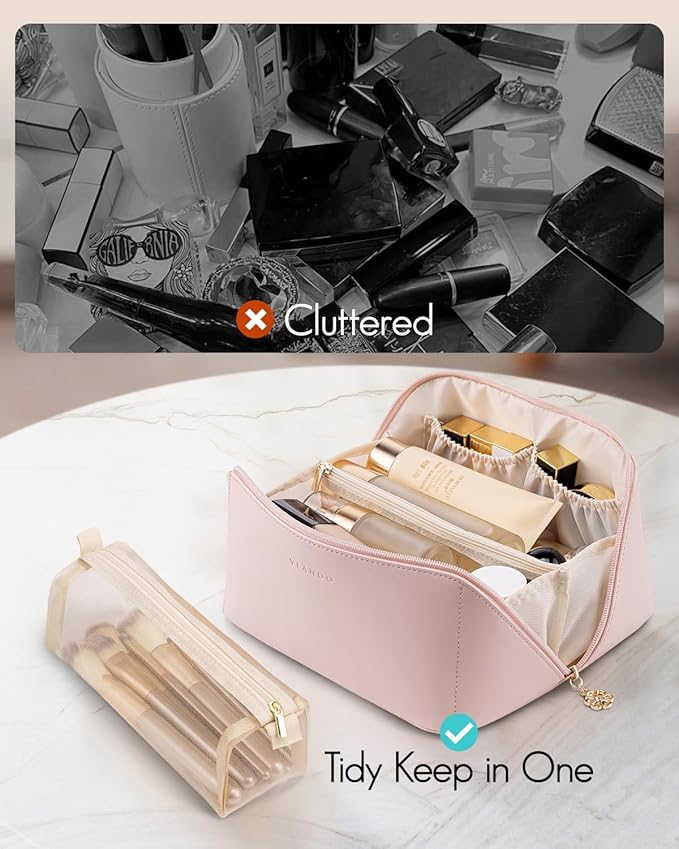 Vlando Makeup Bag,Large Capacity Toiletry Bag for Women Waterproof Portable Make up Pouch PU Leather Open Flat Cosmetic Bag(Peach Pink)
