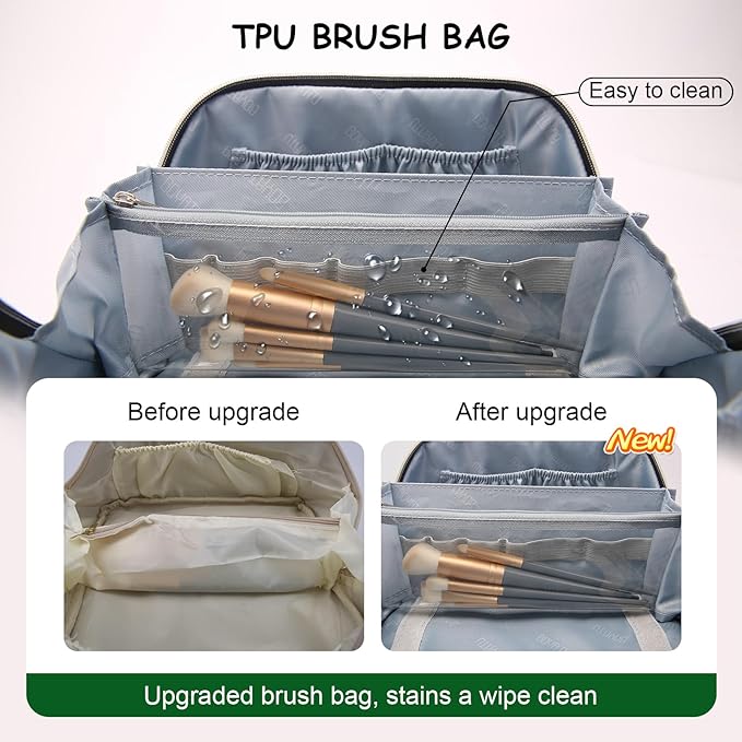 BOYATU Travel Makeup Bag for Women: Large Capacity Open Flat Make up Bag Set of 3 - Vegan Leather Cosmetic Bag with Compartments - Waterproof Toiletry Bag with Handle & Divider(I-3-Green)
